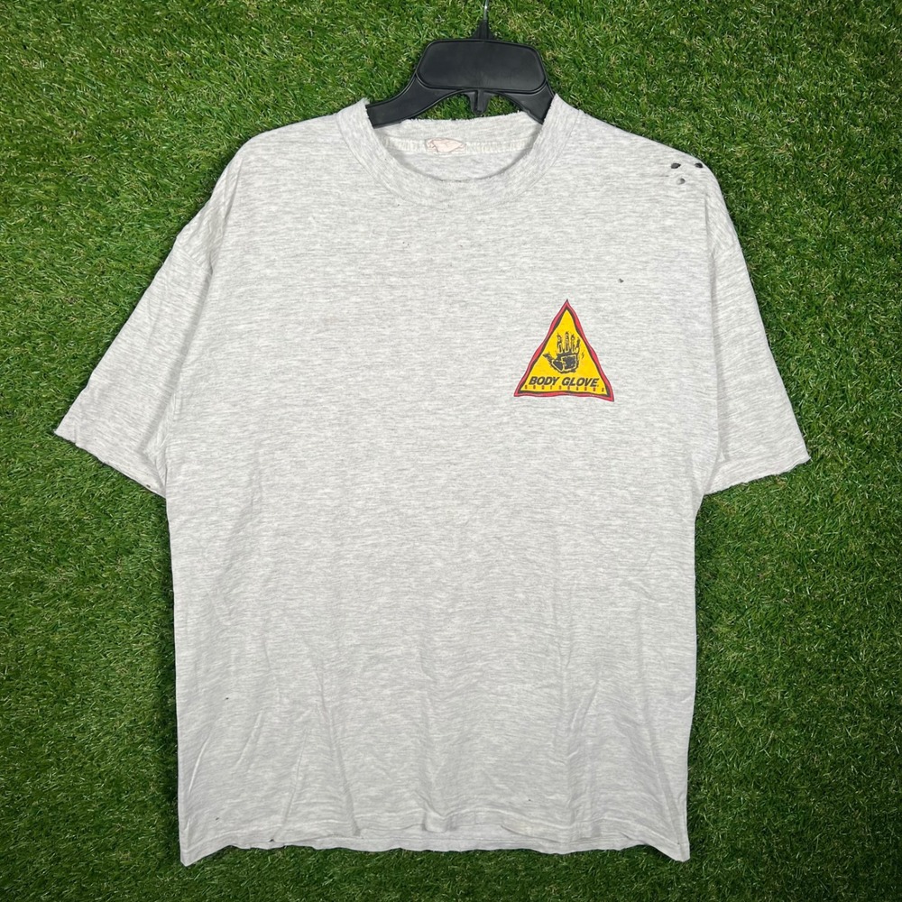 Vintage 90s Body Glove Surfboards Graphicā T-Shirt Heather Grey Distressed Large